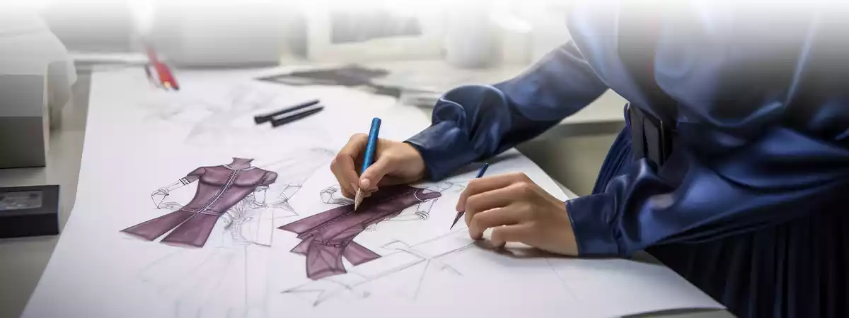 Designer sketching clothes, fashiable dress with unique stitching patterns, Fashion design brainstorming